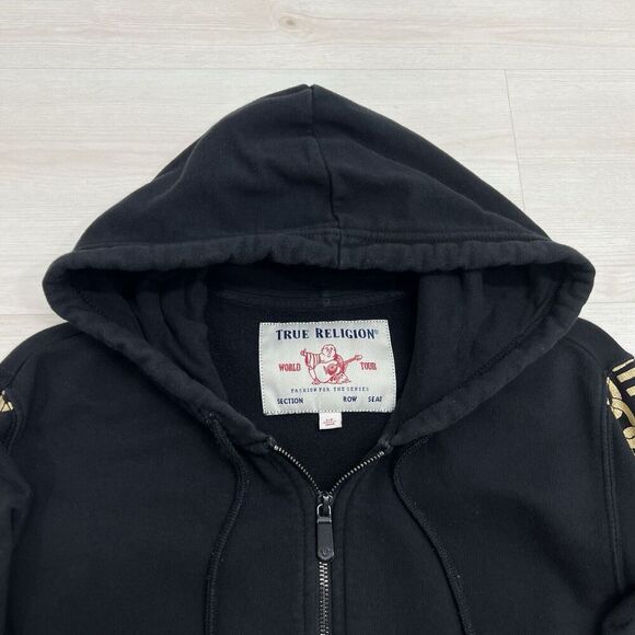 True Religion Hoodie Mens Small Black Gold Chain Spell Out Sleeves Full Zip - Picture 8 of 12